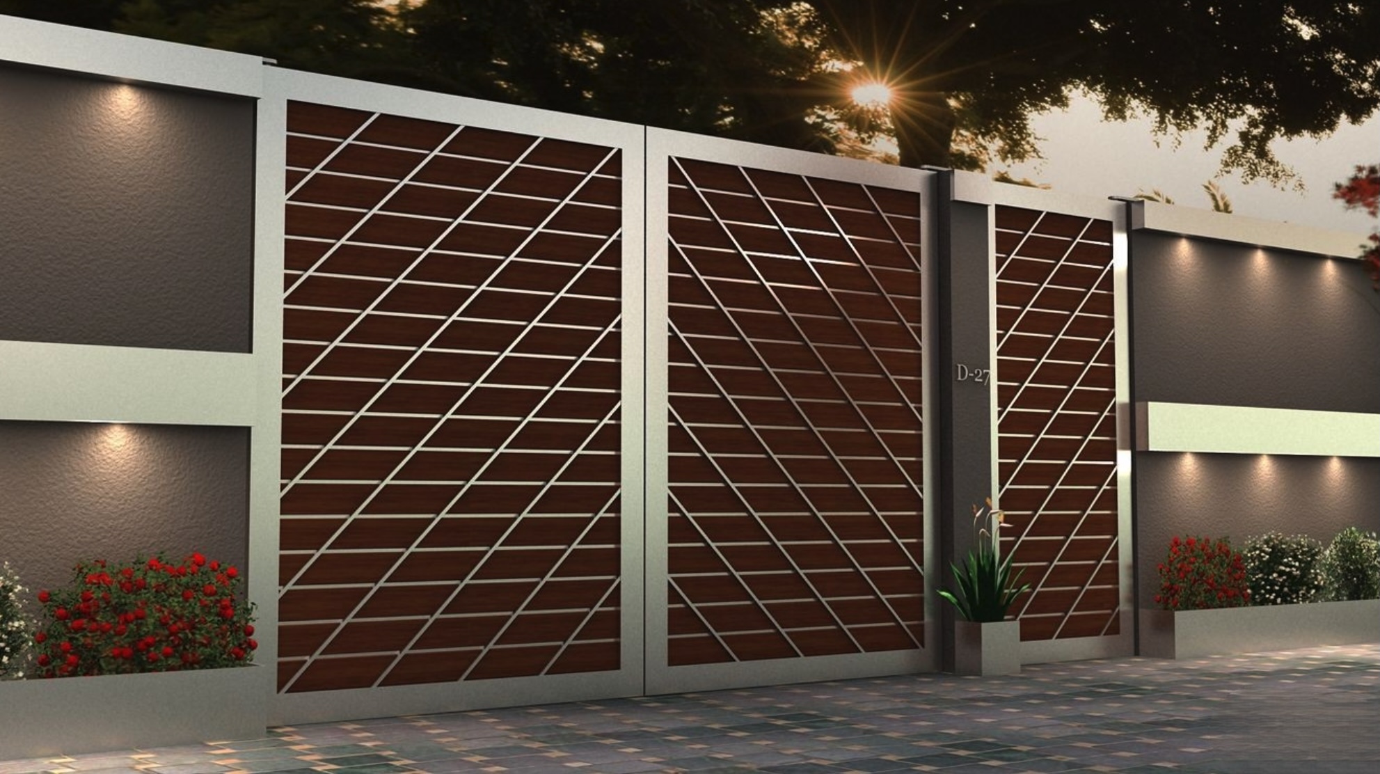 Portón con trama geométrica y paneles en tono madera